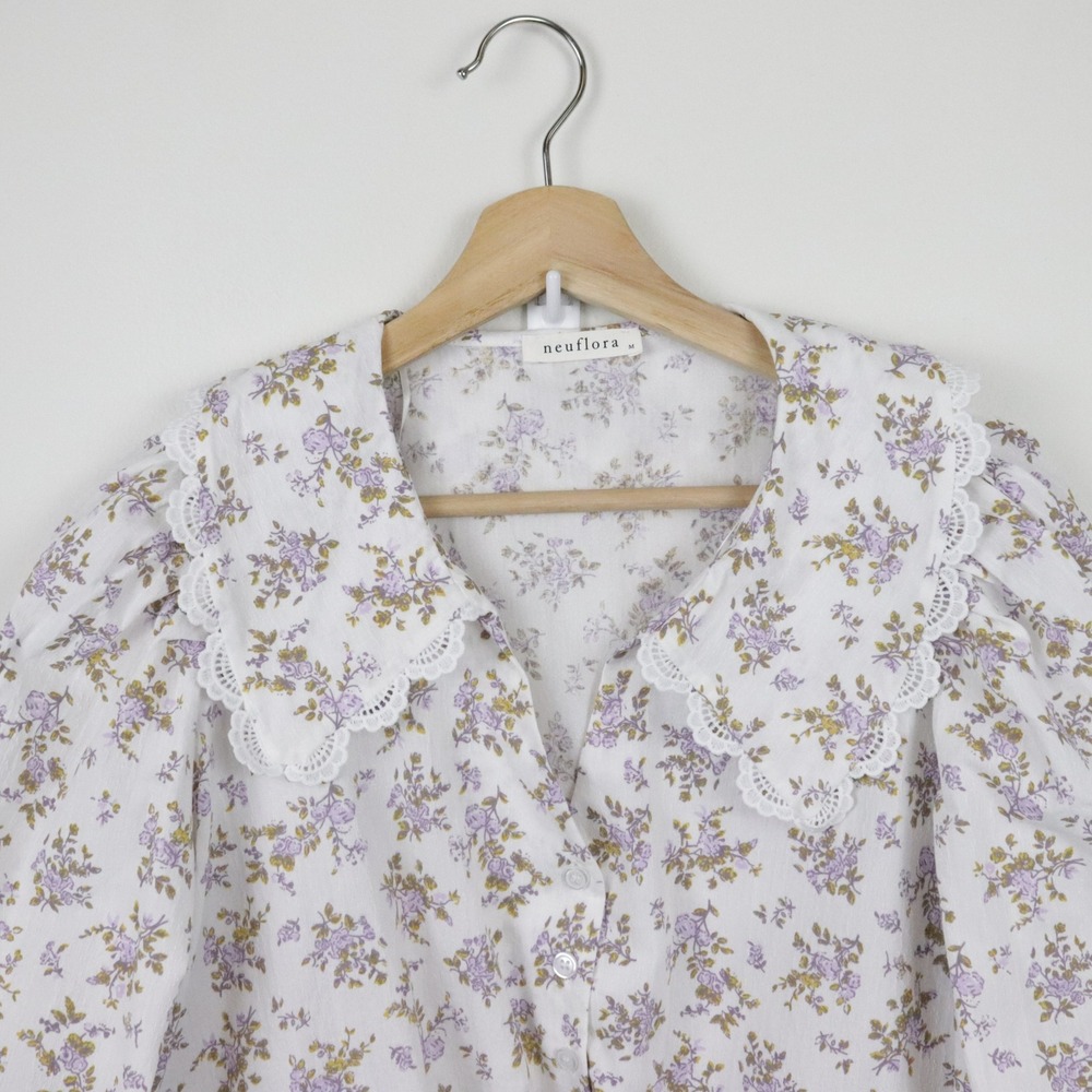 Neuflora Evora Blouse Top Medium Floral Peter Pan Collar Eyelet Lace - Picture 5 of 11